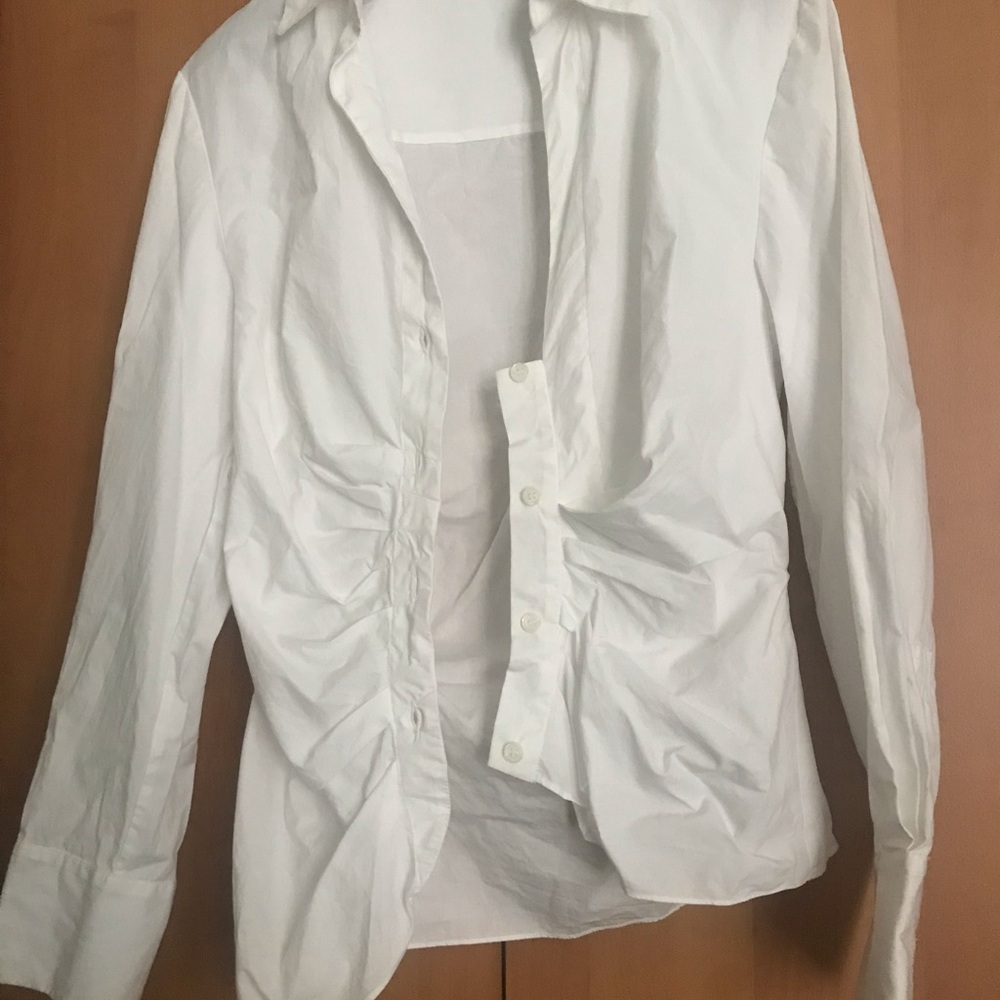 Zara White Ruched Long Sleeve Button Down Shirt